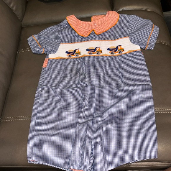 Beaux et Belles navy gingham check one piece with dump trucks on the front smock - Picture 1 of 6